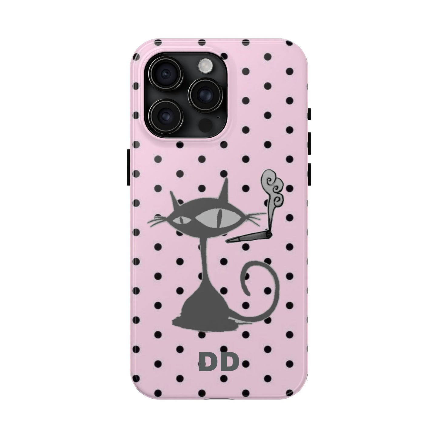 Le Cat Phone Case in Pink & Black Polka Dots