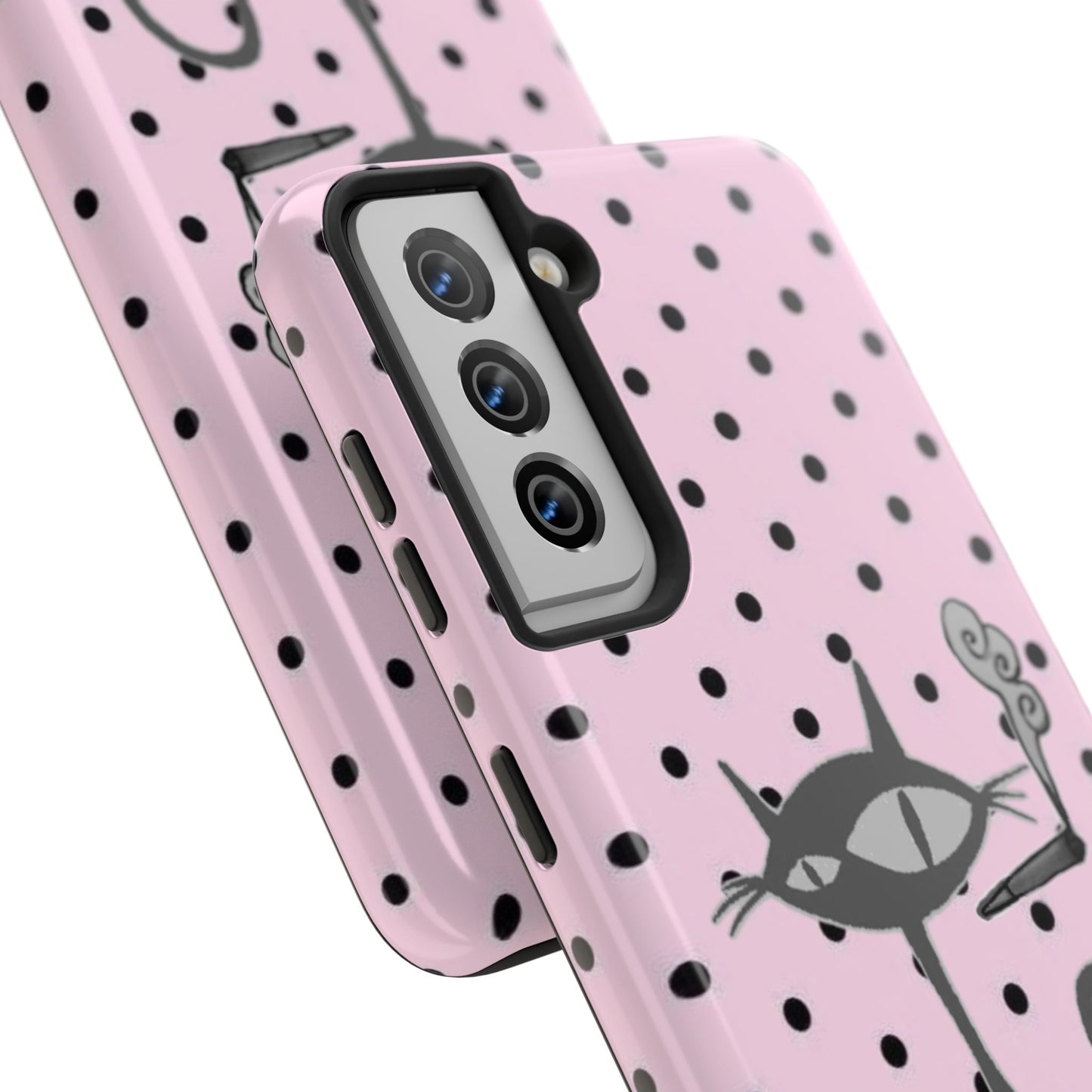 Le Cat Phone Case in Pink & Black Polka Dots