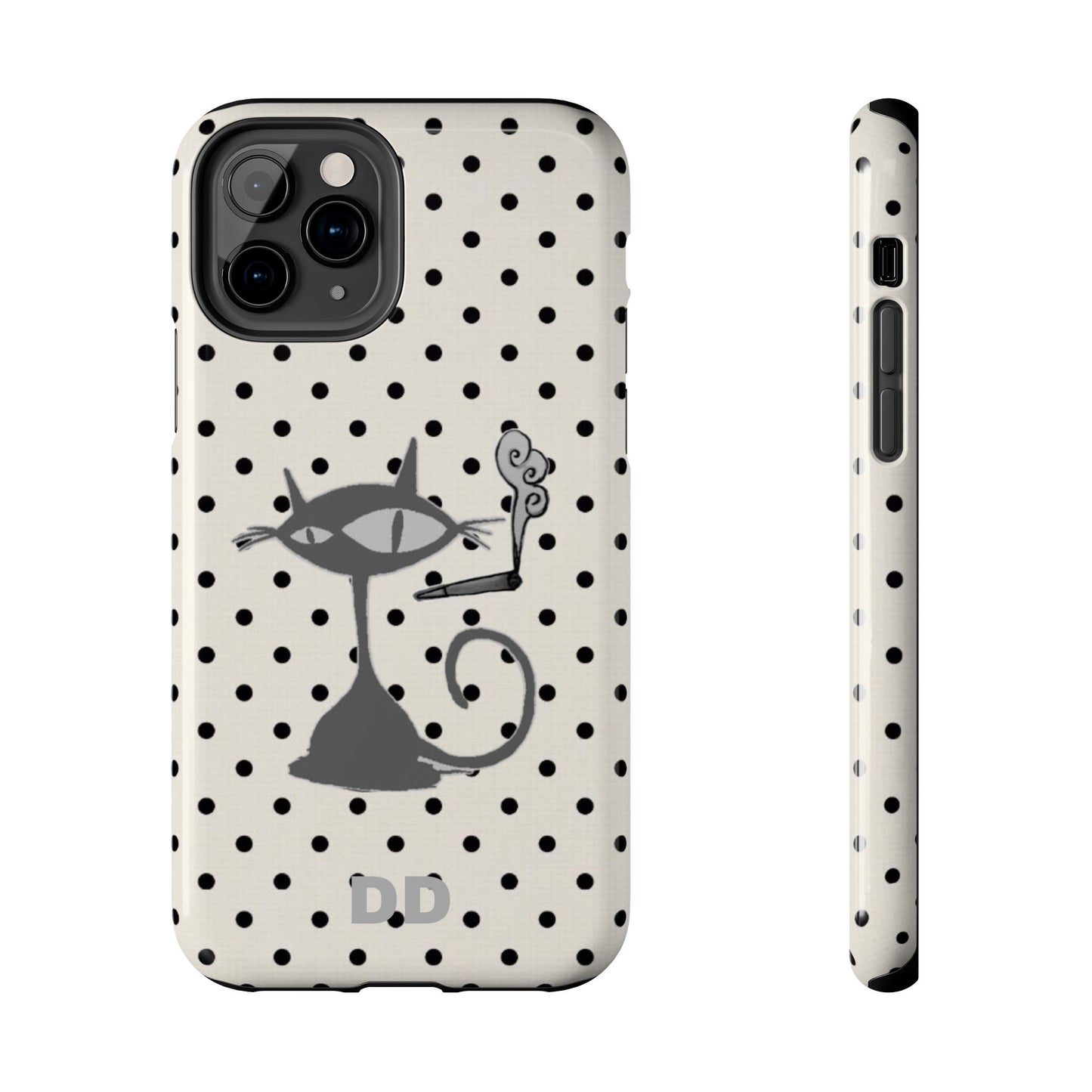 Le Cat Phone Case in Cream & Black Polka