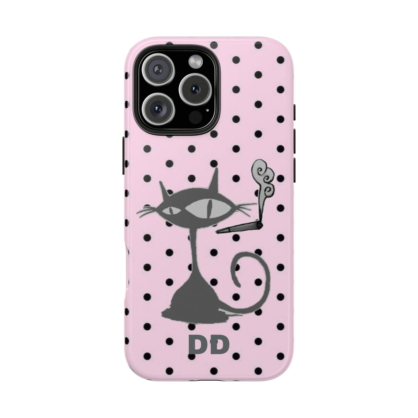 Le Cat Phone Case in Pink & Black Polka Dots