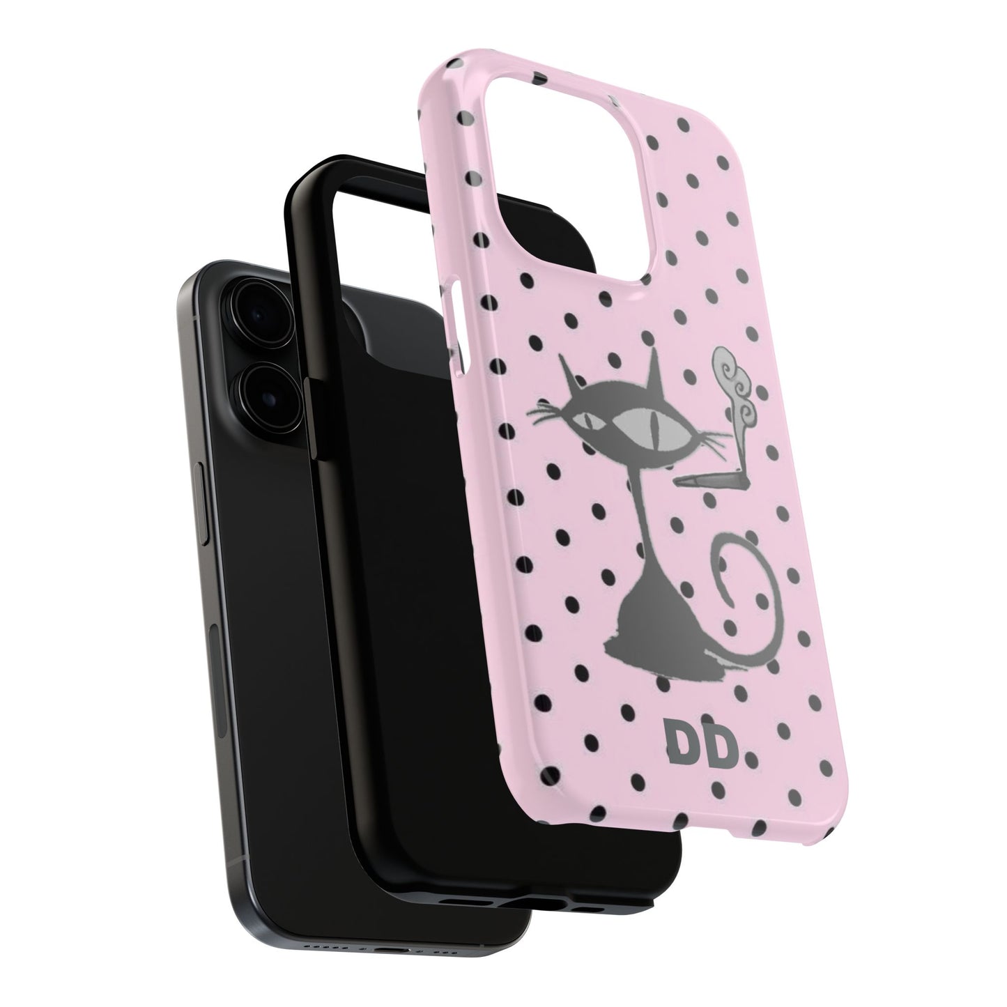 Le Cat Phone Case in Pink & Black Polka Dots